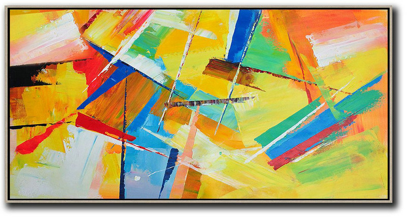 Handmade Painting Large Abstract Art,Horizontal Palette Knife Contemporary Art Panoramic Canvas Painting,Handmade Acrylic Painting,Yellow,Red,White,Blue,Green.etc